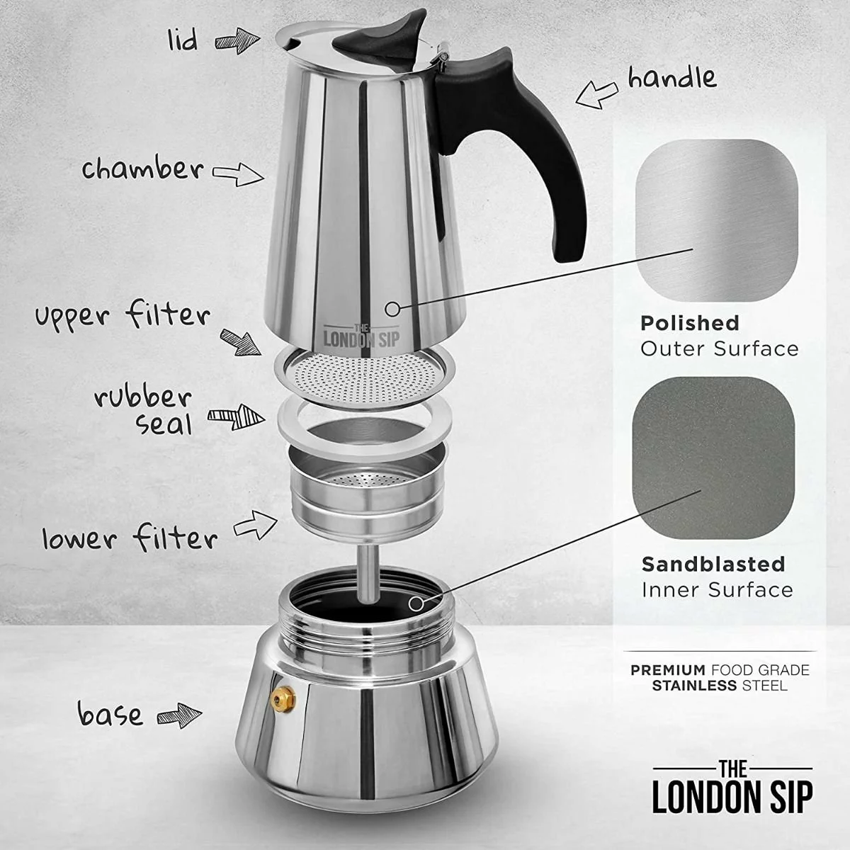 Escali London Sip 6 Cup Stainless Steel Espresso Maker | Silver - Image 2