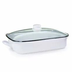 Golden Rabbit Enamelware 16" X 12.5" Roasting Pan With Lid | White